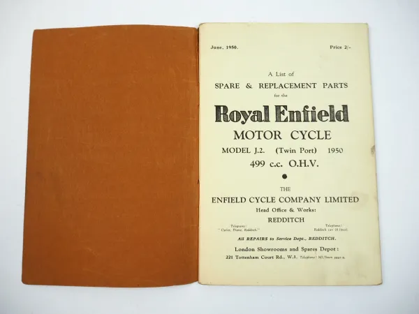 Royal Enfield J2 Twin Port OHV Motorcycle Spare Parts List Ersatzteilliste 1950