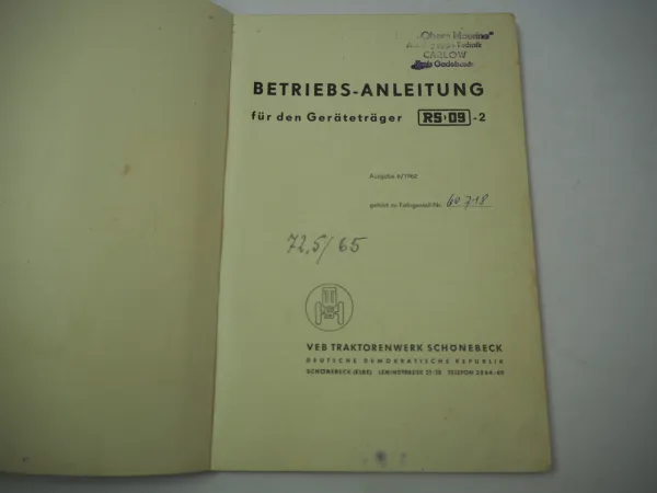 RS 09 -2 Geräteträger Betriebsanleitung Bedienungsanleitung 1962
