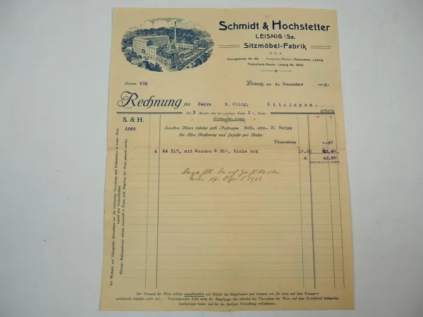 S&H Schmidt & Hochstetter Leisnig Sa. Sitzmöbel Rechnung Stuhl mit Mouton 1912