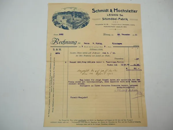 S&H Schmidt & Hochstetter Leisnig Sachsen Sitzmöbel Fabrik Rechnung Sessel 1912