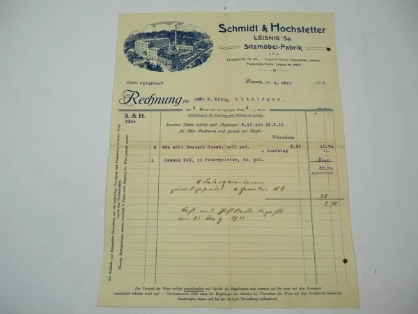 S&H Schmidt & Hochstetter Leisnig Sachsen Sitzmöbel Fabrik Rechnung Sessel 1915