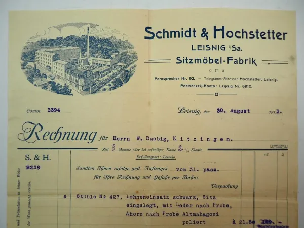 S&H Schmidt & Hochstetter Leisnig Sachsen Sitzmöbel Fabrik Rechnung Stühle 1913