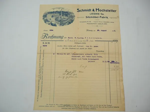 S&H Schmidt & Hochstetter Leisnig Sachsen Sitzmöbel Fabrik Rechnung Stühle 1913