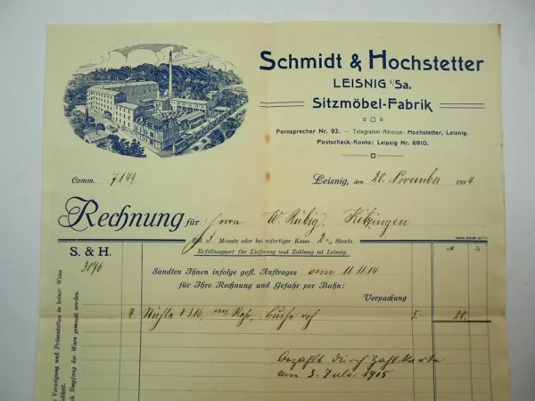 S&H Schmidt & Hochstetter Leisnig Sachsen Sitzmöbel Fabrik Rechnung Stühle 1914