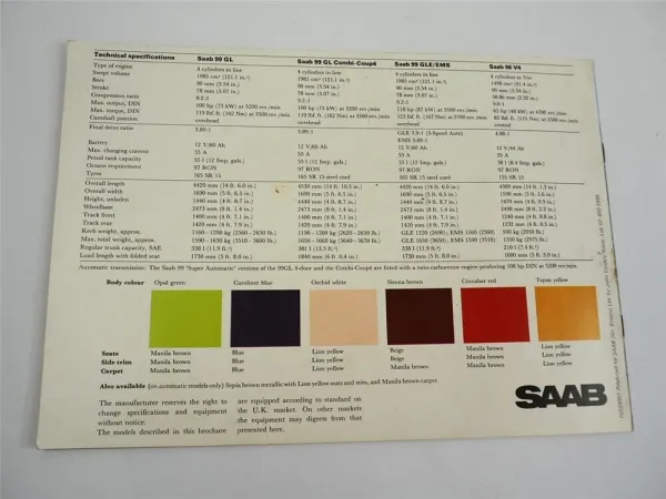 Saab 96V4 99 GL GLE EMS Prospekt Brochure 1970er Jahre