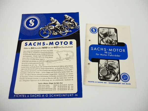 Sachs Motor 98 ccm Motorsport 24 Stunden Rennen 2x Prospekt 1937