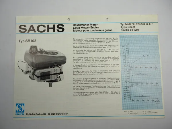 Sachs SB102 Rasenmähermotor Lawn Mower Engine Typenblatt Technische Daten 1978