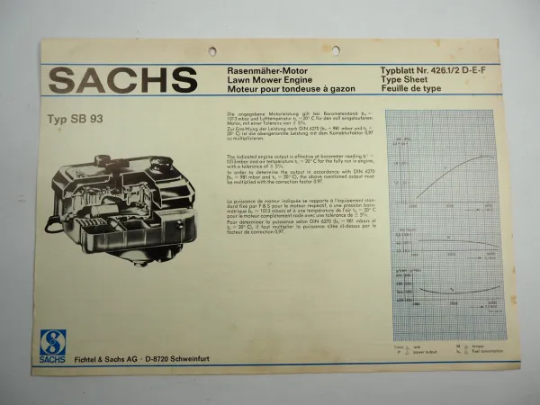 Sachs SB93 Rasenmähermotor Lawn Mower Engine Typenblatt Technische Daten 1975