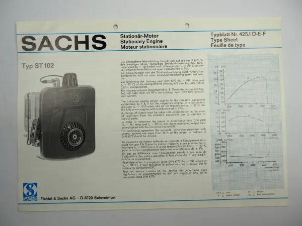 Sachs ST102 Stationärmotor Stationary Engine Typenblatt Technische Daten 1976