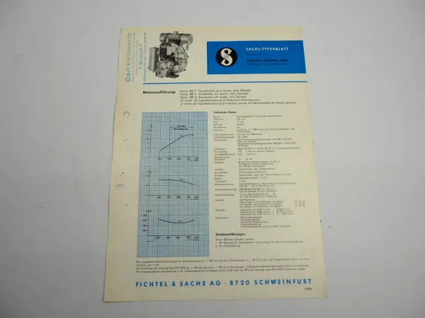 Sachs Stamo 400 F S G Motor 10 PS Typenblatt Technische Daten Maße 1965
