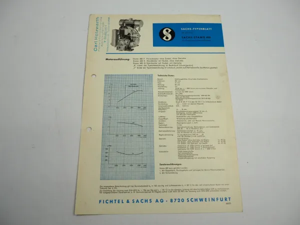 Sachs Stamo 400 F S G Motor 10 PS Typenblatt Technische Daten Maße 1966