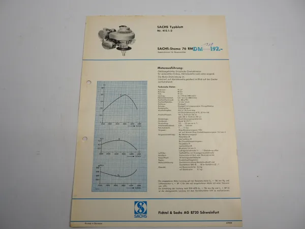 Sachs Stamo 76 RM Rasenmähermotor Typenblatt Technische Daten Maße 1967