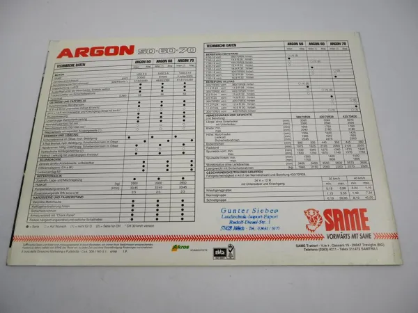 Same Argon 50 60 70 Traktor Prospekt Techn. Daten Produktvorstellung 04/1998