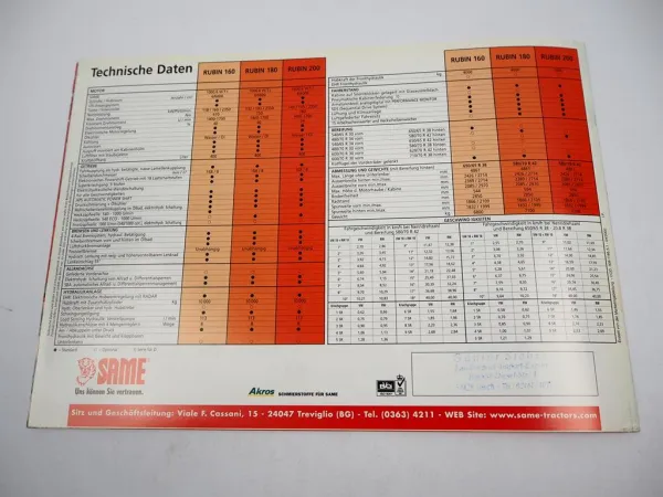 Same Rubin 160 180 200 Traktor Prospekt Techn. Daten Produktvorstellung 04/2000