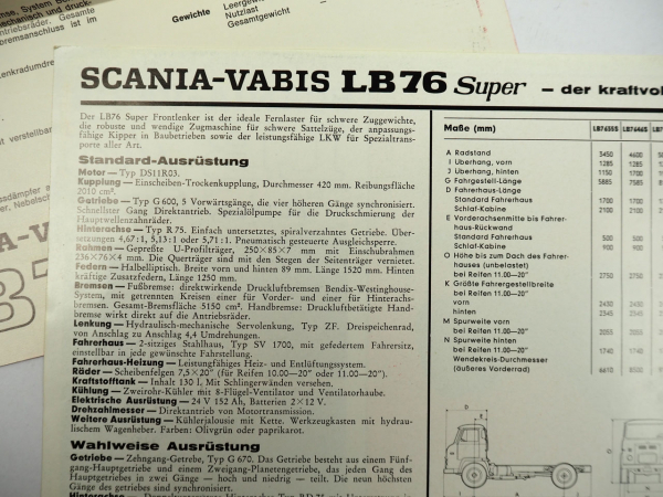 Scania Vabis LB76 LKW 2x Prospekt mit technischen Daten ca. 1965