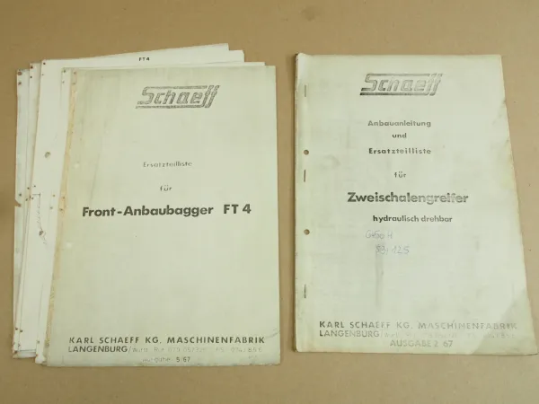 Schaeff FT4 Front-Anbaubagger und HT20 GH1 Zweischalengreifer Ersatzteillisten