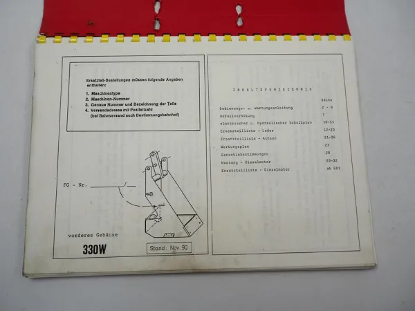 Schäffer 330W Hoflader Radlader Betriebsanleitung Bedienung Ersatzteilliste 1990