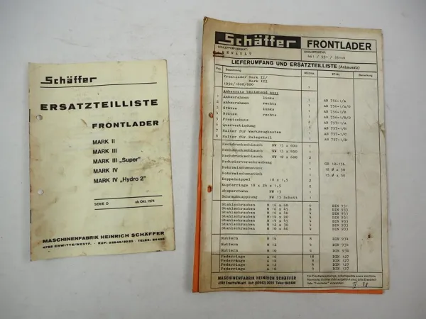 Schäffer Frontlader Super Mark II III Ersatzteilliste Anbau an Renault R461 551