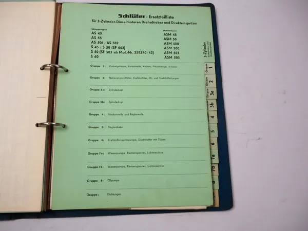 Schlüter 1 / 3 Zylinder Diesel Motor für Schlepper Ersatzteilkatalog ca 1961