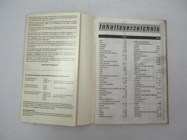 Schmierstoff Tabelle für Baumaschinen Ausgabe 2000 Technischer Dienst UNITI