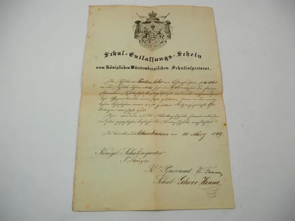 Schulentlassungsschein Württemberg 1869 Ochsenhausen