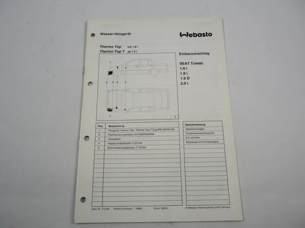 Seat Toledo I Typ 1L Einbauanleitung Webasto Thermo Top T BW50 DW50 Heizung