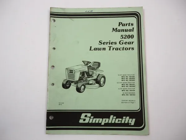 Simplicity 5200 Series Gear Lawn Tractor Ersatzteilliste Parts List 1987