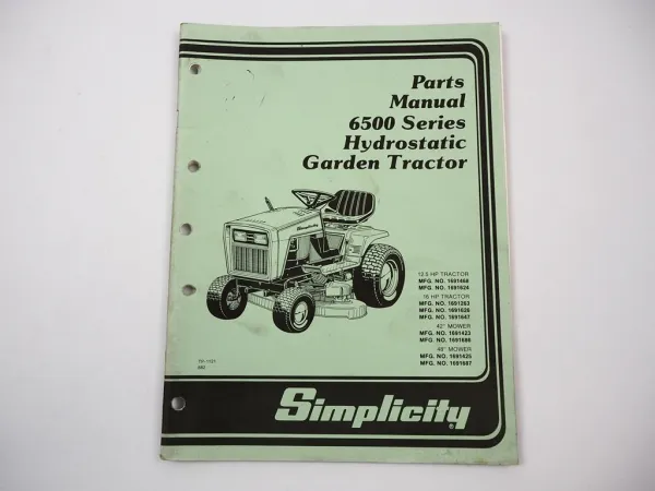 Simplicity 6500 Series Hydrostatic Garden Tractor Ersatzteilliste PartsList 1988