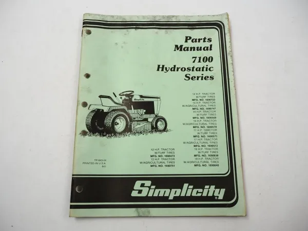 Simplicity 7100 Hydrostatic Series Rasentraktor Ersatzteilliste Parts List 1984