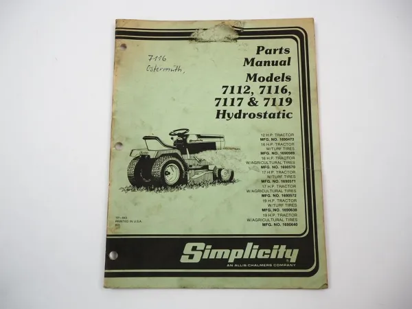 Simplicity 7112 7116 7117 7119 Hydrostatic Tractor Ersatzteilliste Parts List