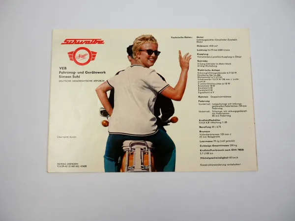 Simson Schwalbe Kleinroller mit 50 ccm Einzylinder Zweitakt Motor Prospekt 1965