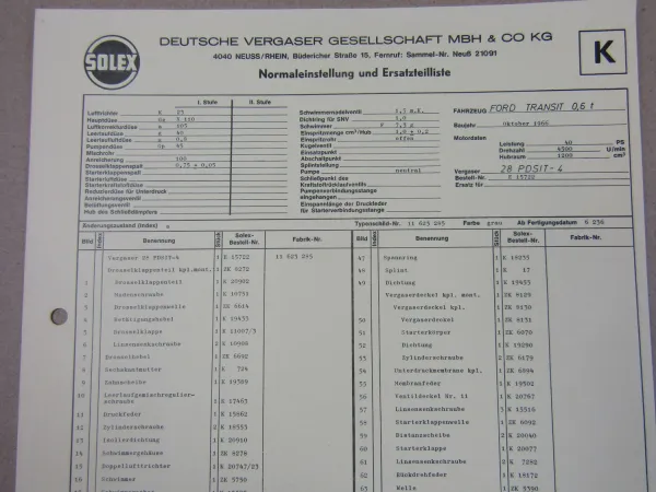 Solex 32 TDID Vergaser Ersatzteilliste Normaleinstellung Ford Transit 0,6t