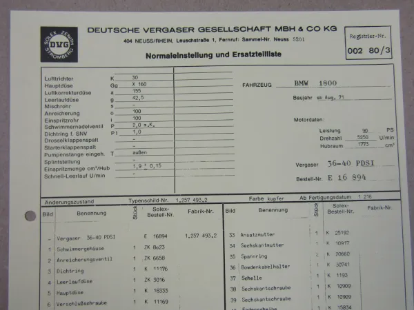 Solex 36 - 40 PDSI Vergaser Ersatzteilliste Normaleinstellung BMW 1800 ab 8/71