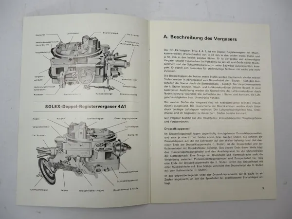 Solex 4A1 Doppel-Register-Vergaser Betriebsanleitung 1974 BMW Mercedes Opel