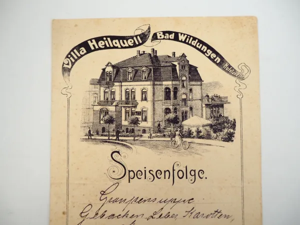 Speisekarte Villa Heilquell Bad Wildungen Hufelandstrasse Speisenfolge ca. 1900