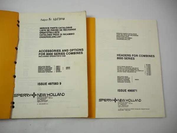 Sperry New Holland Clayson 8050 Combine Accessories Parts Catalogue 1976