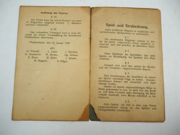 Sport Verein 1914 Pfeddersheim Worms Fußball Satzung von 1920