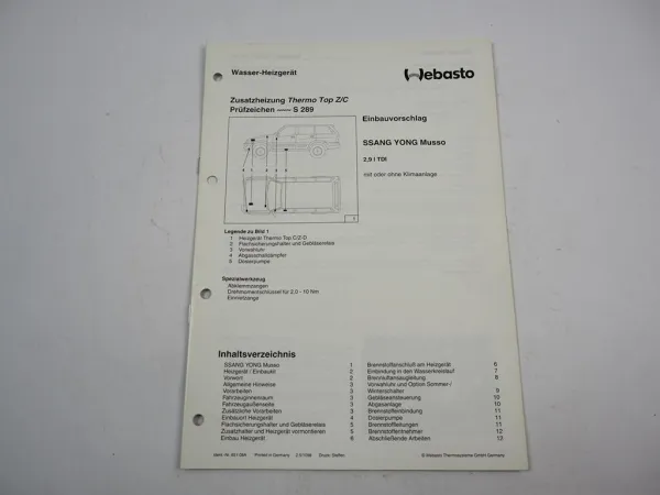 Ssang Yong Musso 2,9l TDI Einbauanleitung Webasto Thermo Top Z/C-D Heizung