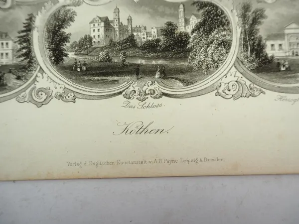 Stahlstich Köthen Anhalt Schloss Bahnhof Kirche Geutz ca. 1850 A. H. Payne