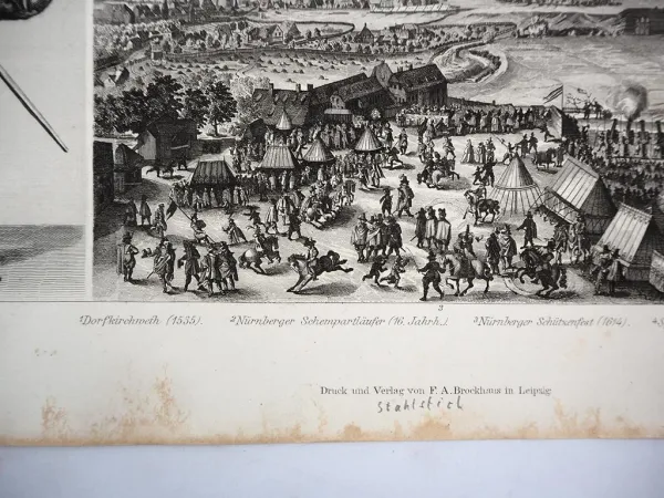 Stahlstich Nürnberg Kulturgeschichte Schützenfest Dorfkirchweihe ca. 1870