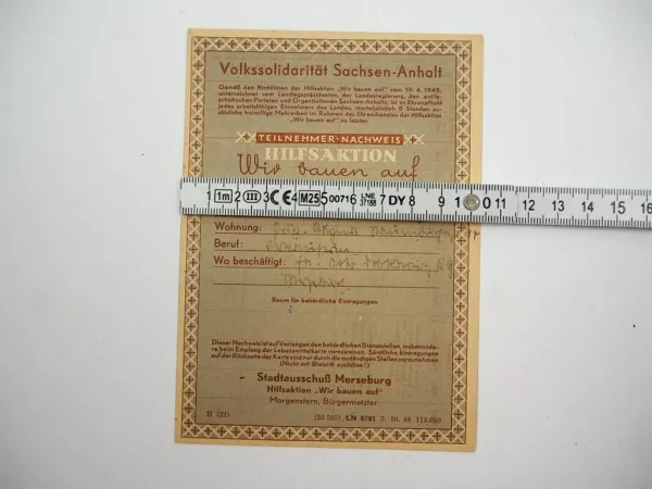 Stempelkarte Hilfsaktion Wir bauen auf DDR Merseburg Sachsen Anhalt 1948
