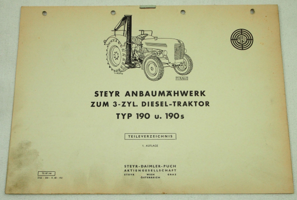 Steyr Anbaumähwerk zum 3-Zyl. Dieselschlepper Typ 190 und 190s Ersatzteilliste