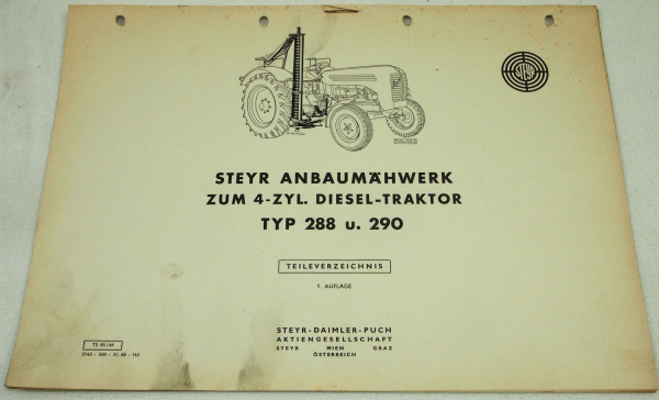 Steyr Anbaumähwerk zum 4-Zyl. Dieselschlepper Typ 288 und 290 Ersatzteilliste