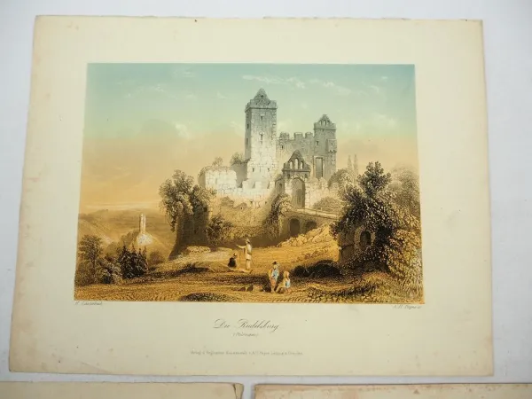 Stiche Lithografie Rudelsburg Schulpforte Saaleck bei Naumburg um 1850