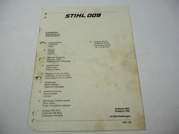 Stihl 009 Kettensäge Ersatzteilliste Spare Parts List Liste des pieces 1986