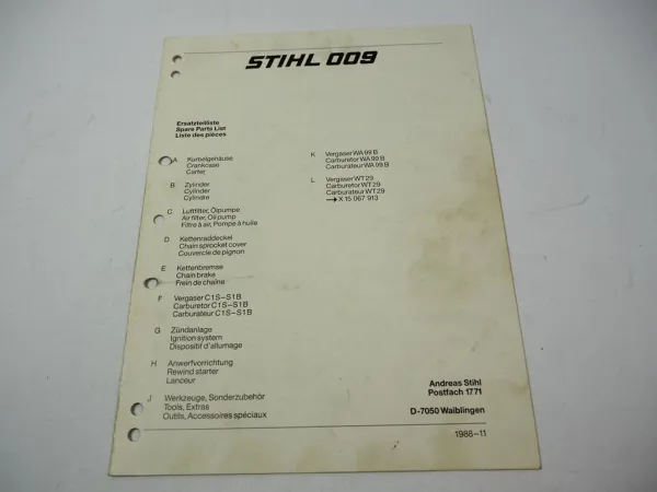 Stihl 009 Kettensäge Ersatzteilliste Spare Parts List Liste des pieces 1988