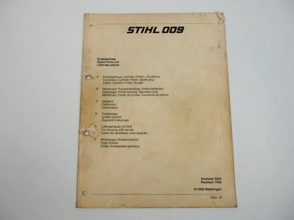 Stihl 009 Kettensäge Motorsäge Ersatzteilliste Ersatzteilkatalog 07/1980