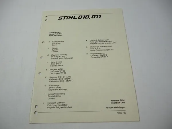 Stihl 010 011 Kettensäge Ersatzteilliste Spare Parts List Liste des pieces 1986