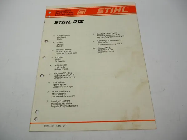 Stihl 012 Kettensäge Ersatzteilliste Spare Parts List Liste des pieces 1991
