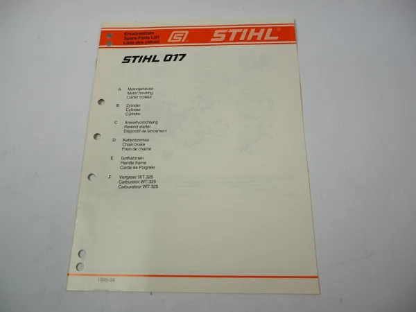 Stihl 017 Kettensäge Ersatzteilliste Spare Parts List Liste des pieces 1995